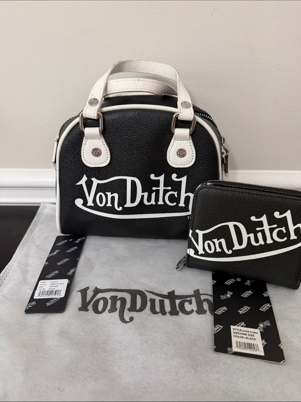 Von Dutch Black and White Logo Handbag with Matching Wallet